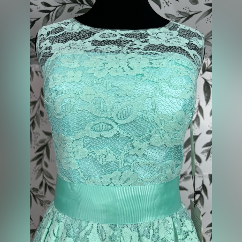 Elegant Lace Mint Green Prom Bridesmaid Cocktail Dress Sz XS Satin Waistband #D - Picture 5 of 16